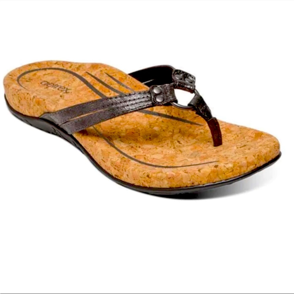 Aetrex Taylor Cork Footbed Faux Leather Thong Sandal in Dark Silver 8.5 EUC